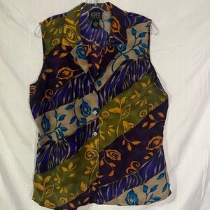 City Silk  Colorful Silk Sleeveless Button front‎ Shirt L